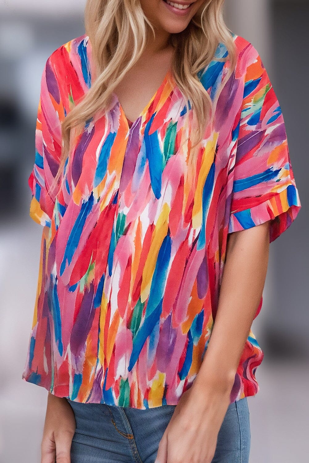 Feather Watercolor Abstract Print V Neck Blouse Kentce 