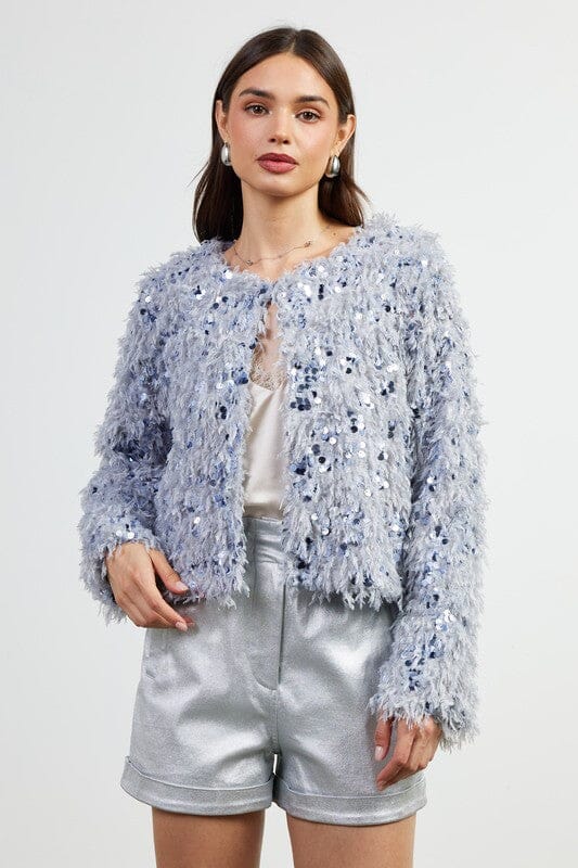 Feathered Sequin Cardigan skies are blue 