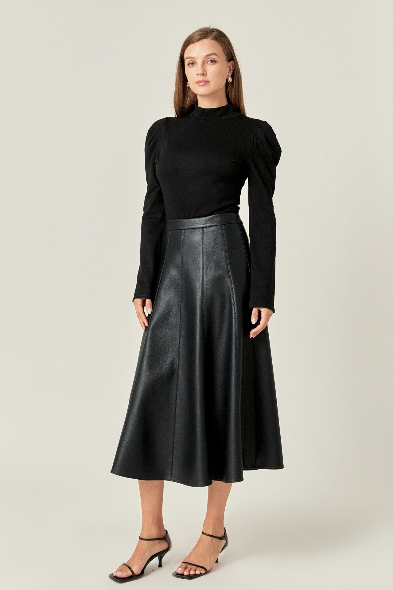 FLARE FAUX LEATHER MIDI SKIRT English Factory 