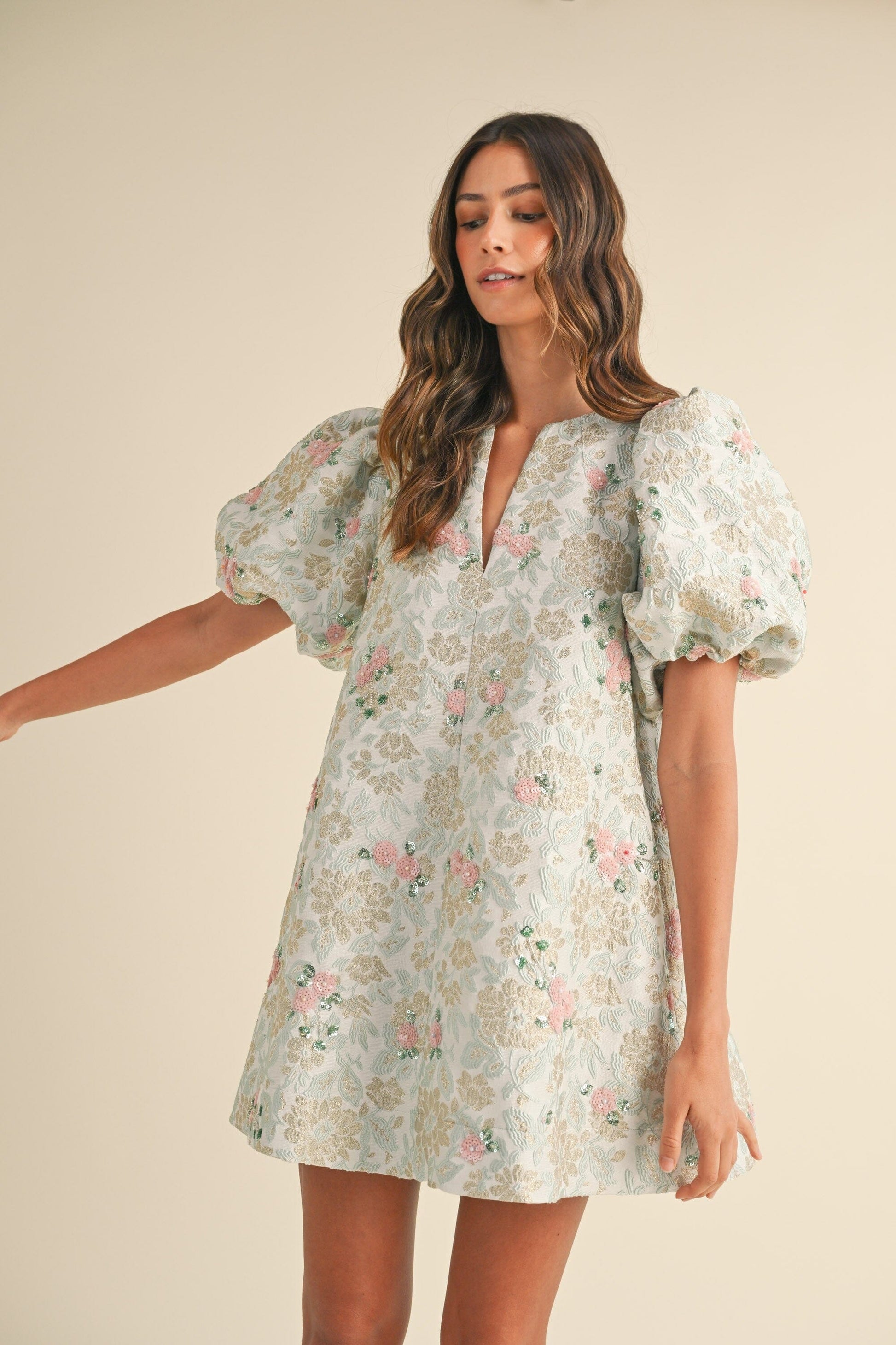 FLORAL BEADED JACQUARD PRINT MINI DRESS mable 