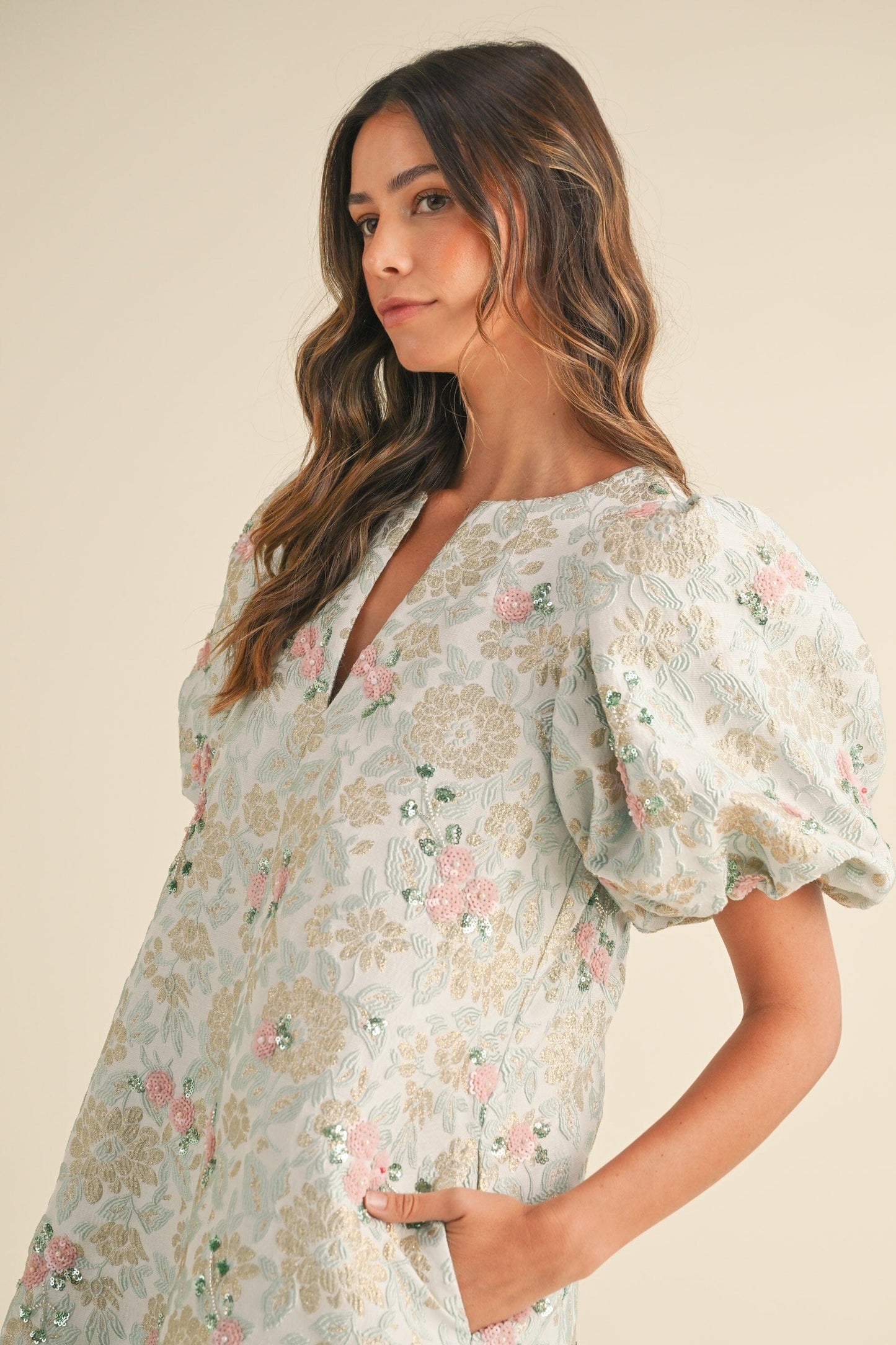 FLORAL BEADED JACQUARD PRINT MINI DRESS mable 