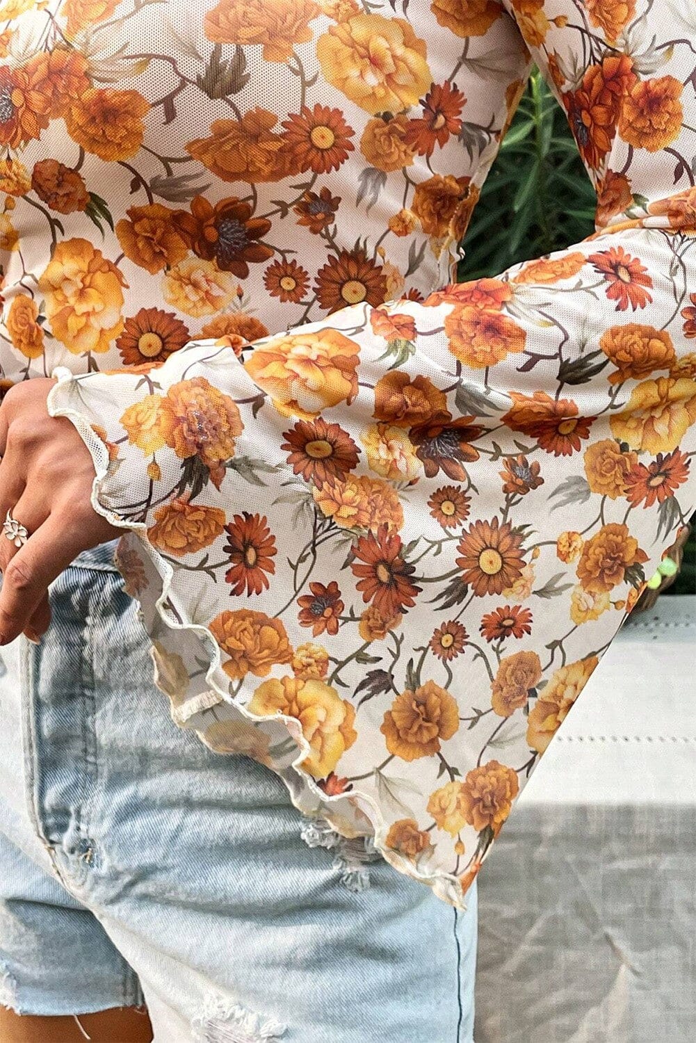 Floral Bell Sleeve Mock Neck Scallop Trim Blouse Youmi 