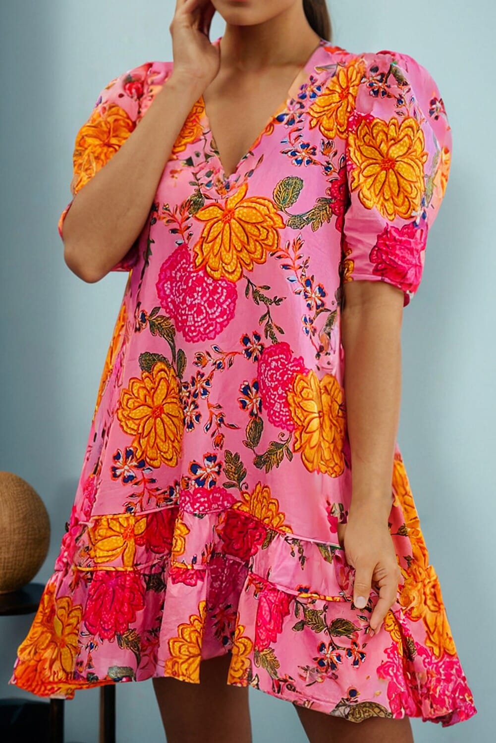 Floral Bubble Sleeve Ruffled Mini Dress Kentce 
