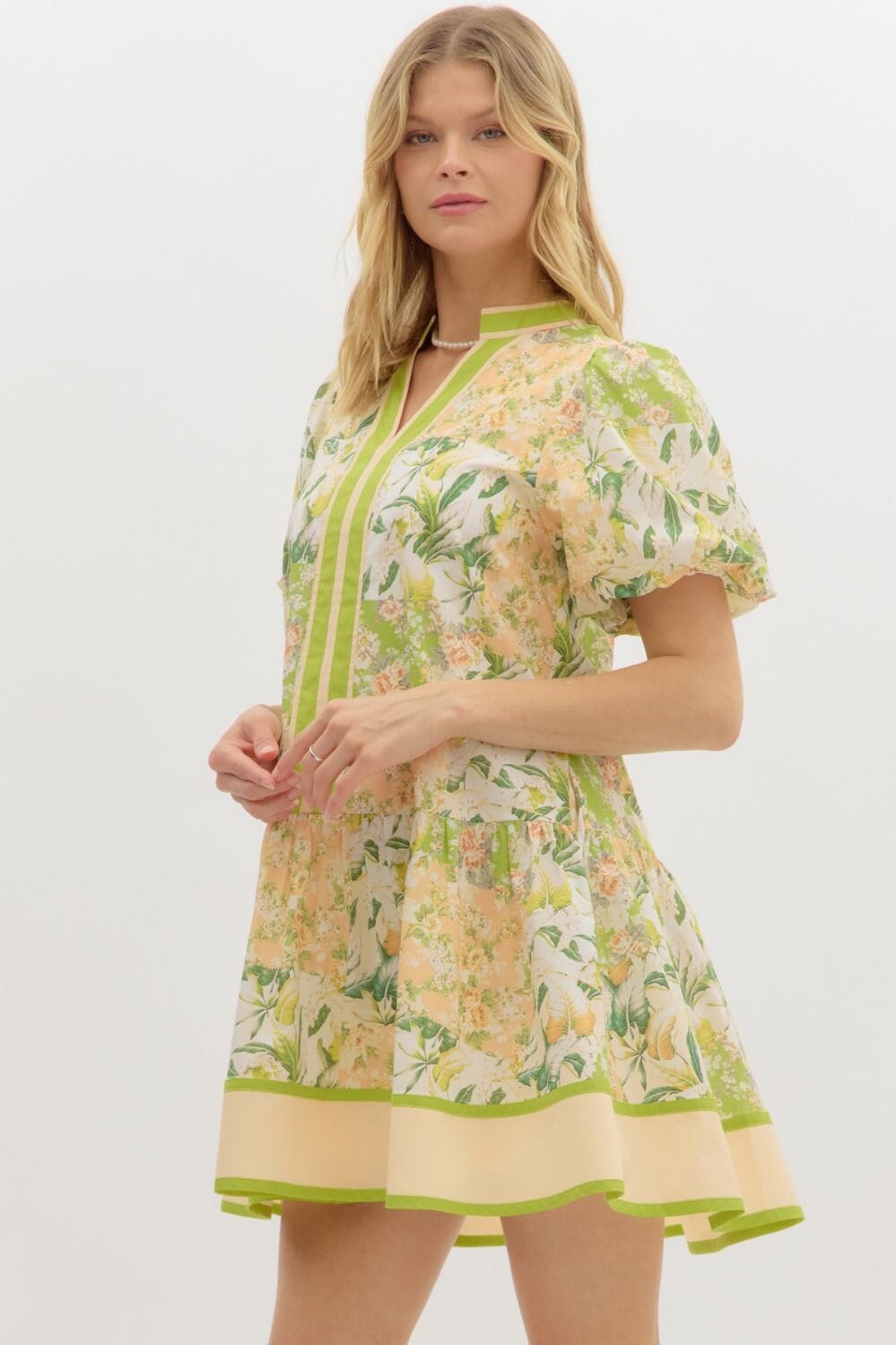 Floral Bubble Sleeve Top with Solid Band Detail - Ships late May Entro 