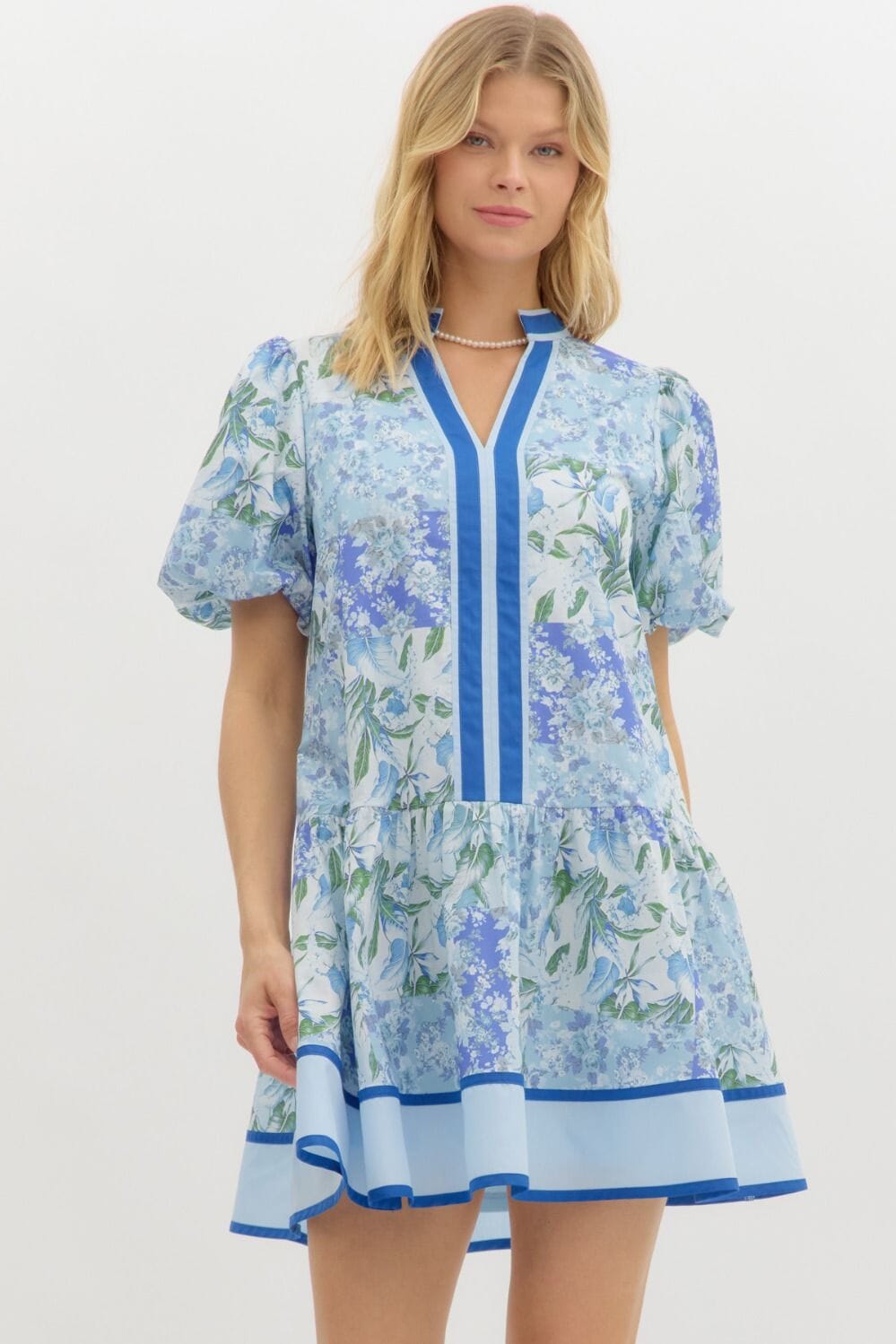 Floral Bubble Sleeve Top with Solid Band Detail - Ships late May Entro small Blue 