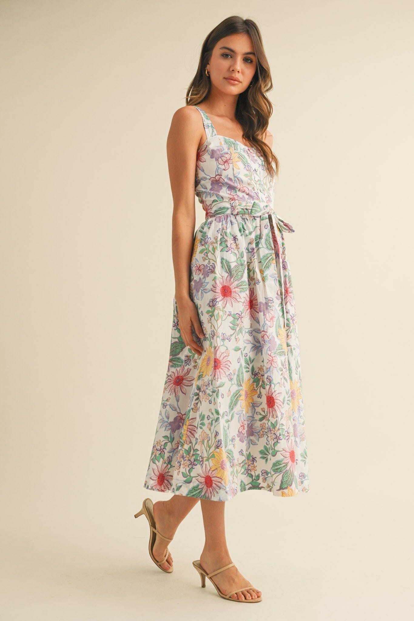 FLORAL BUTTON DOWN BELTED MIDI DRESS &merci 