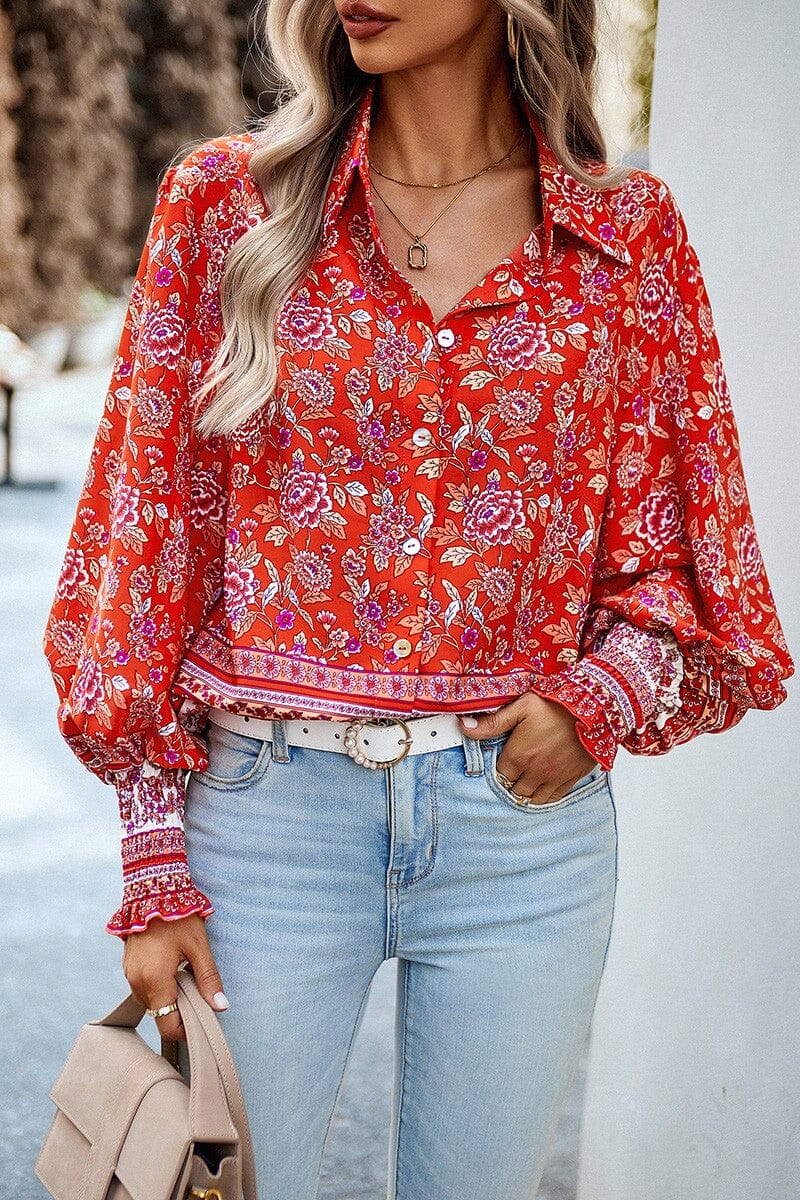 Floral Collared Button Down Wide Sleeve Blouse supreme fashion 