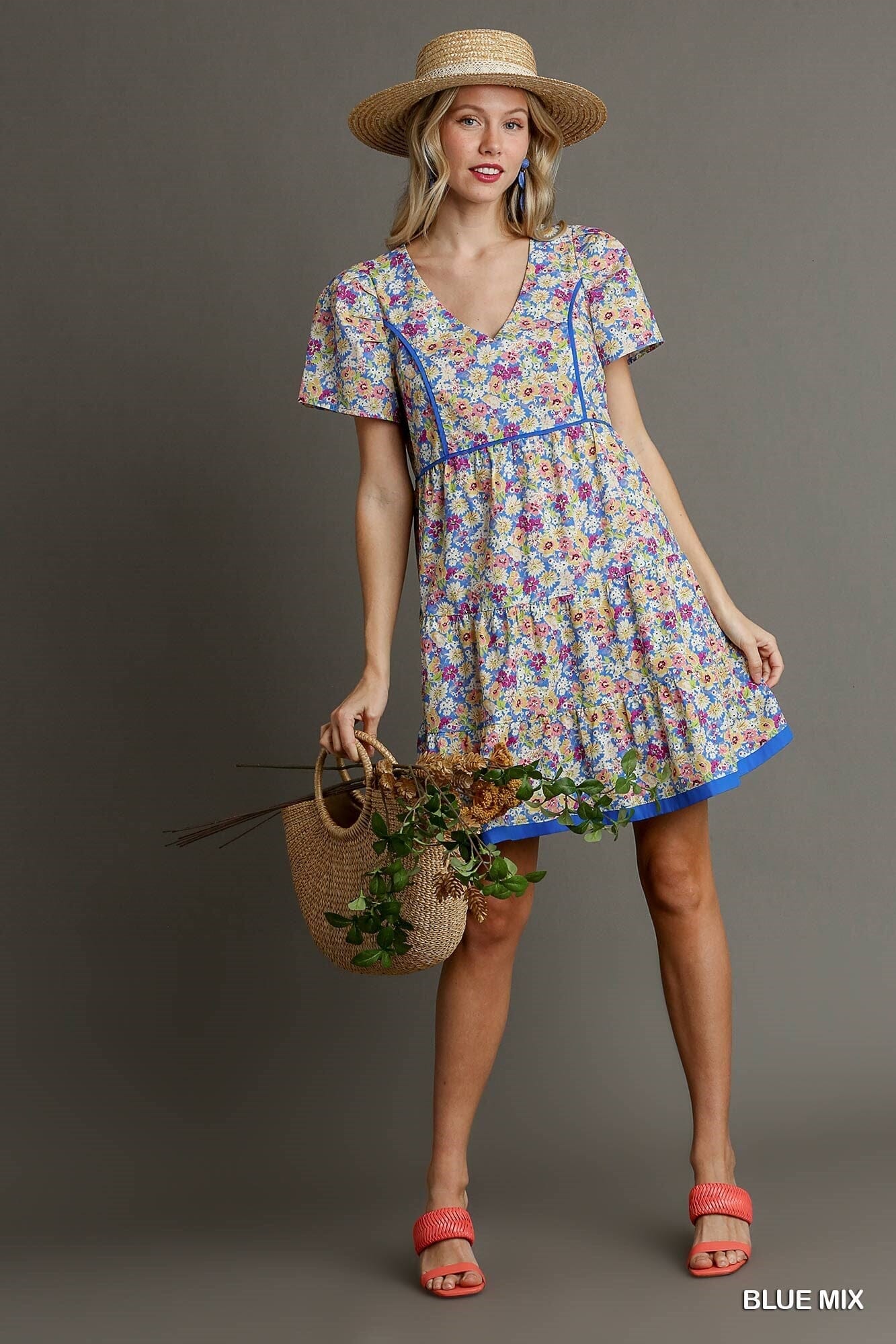 Floral Dress with Cobalt Piping Umgee 