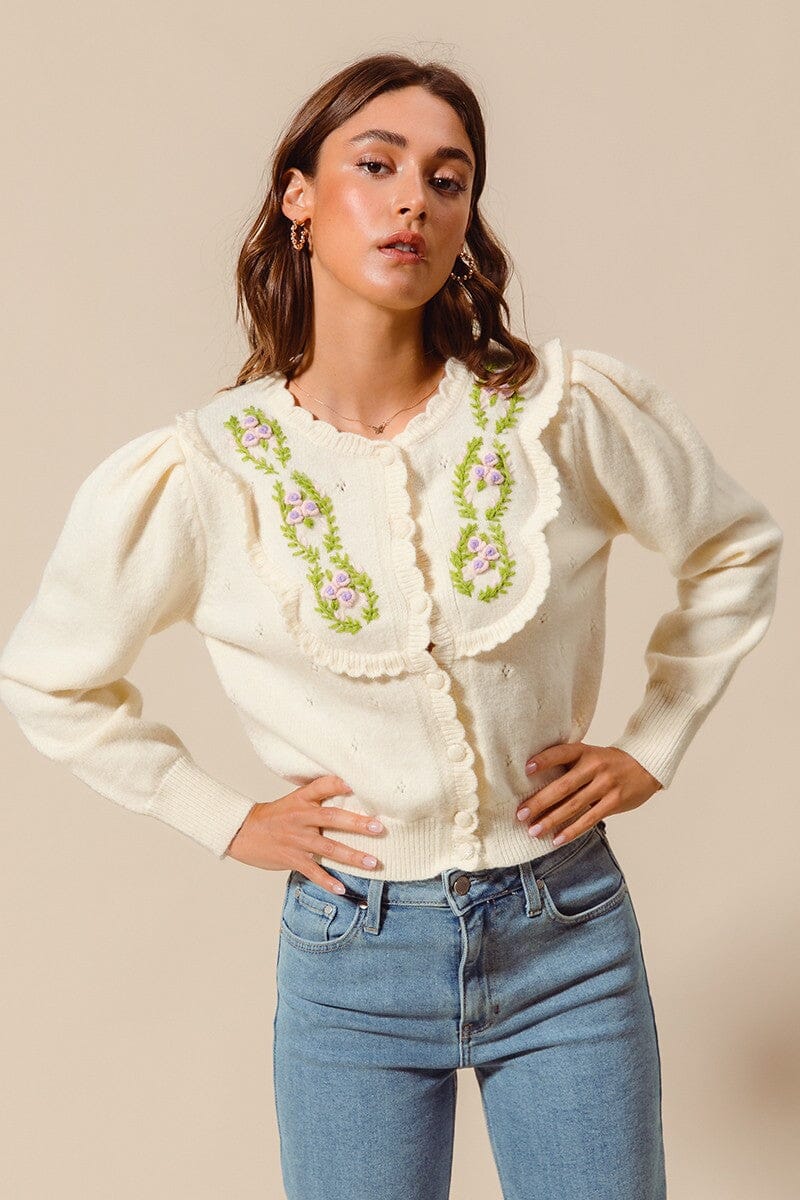 FLORAL EMBROIDERED CARDIGAN WITH SCALLOPED EDGE so me 