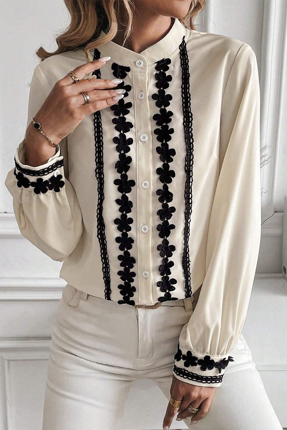 Floral Embroidered Stand Neck Buttoned Shirt Shewin 