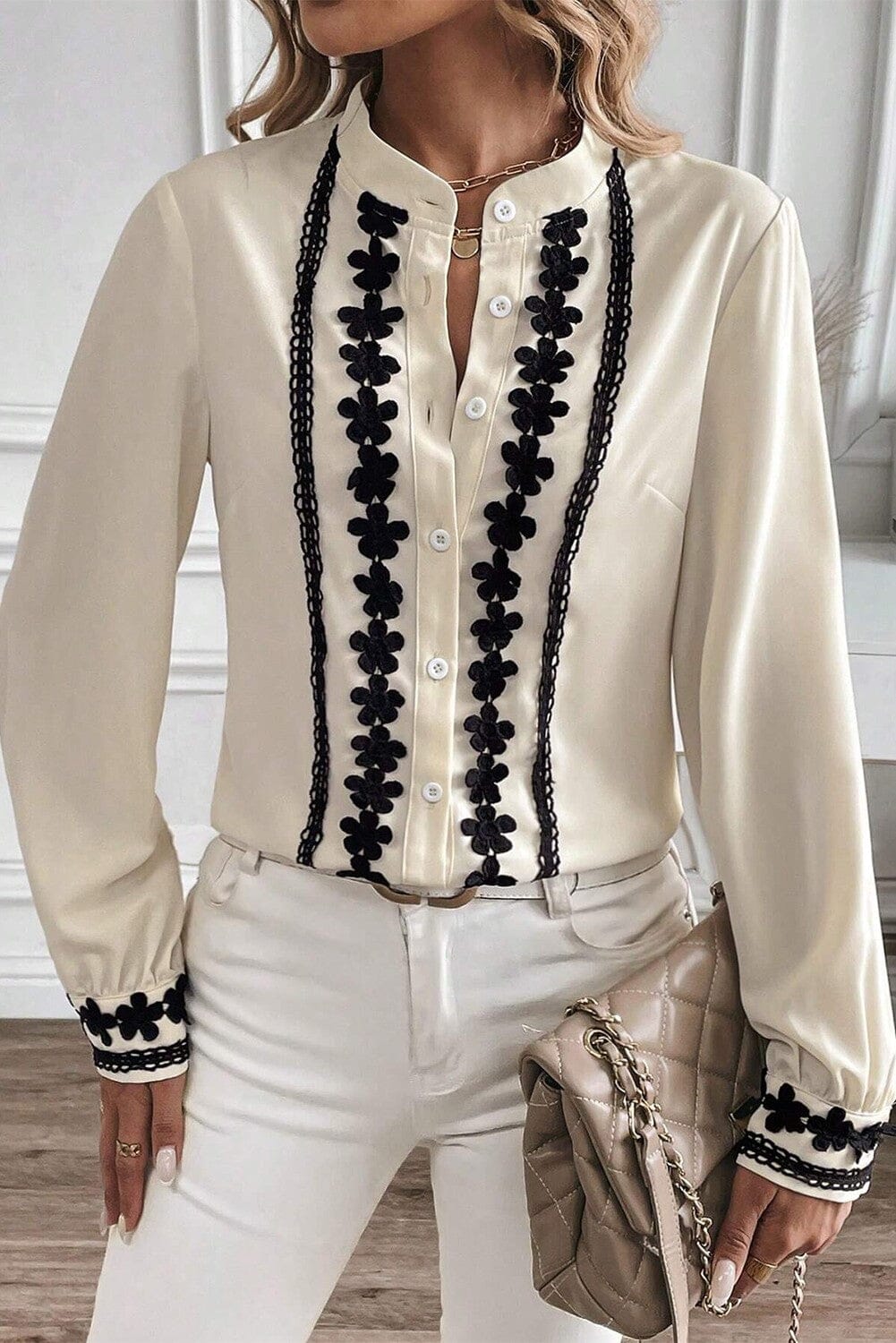 Floral Embroidered Stand Neck Buttoned Shirt Shewin 