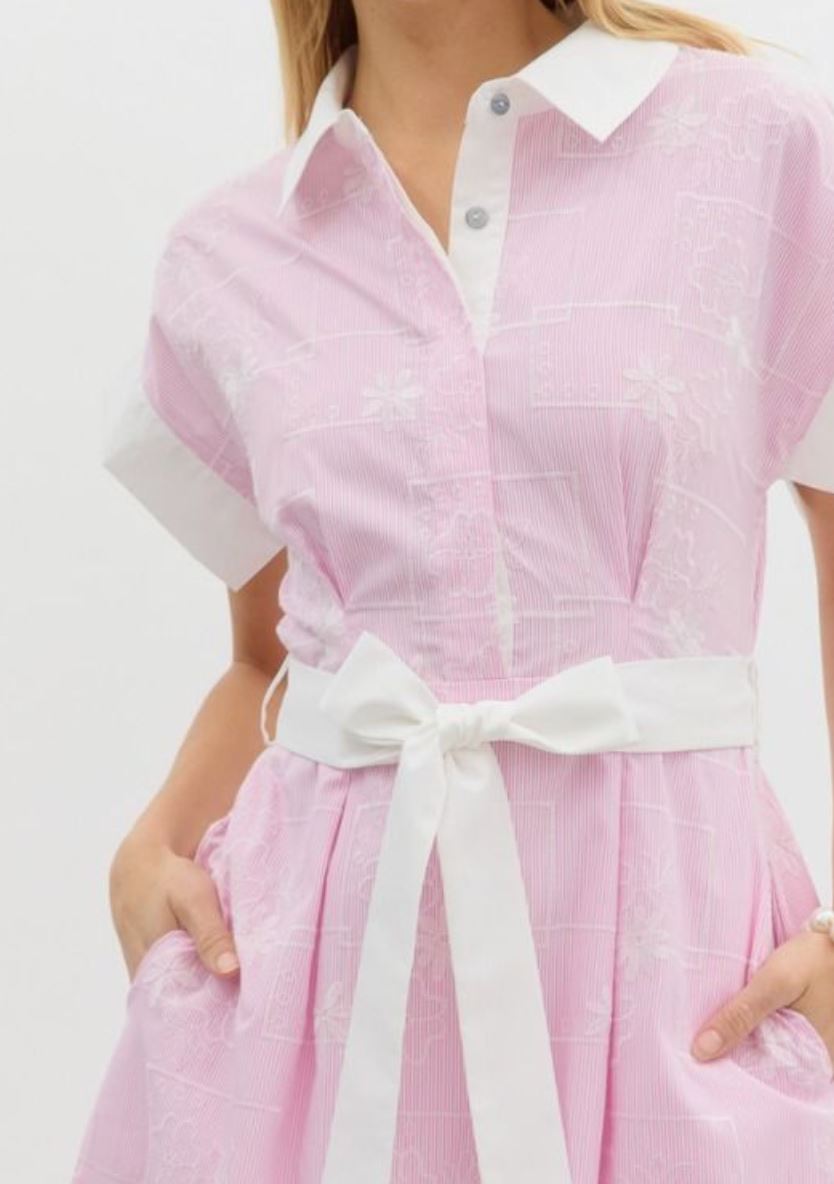 Floral Embroidered Stripe Button Down Dress entro 