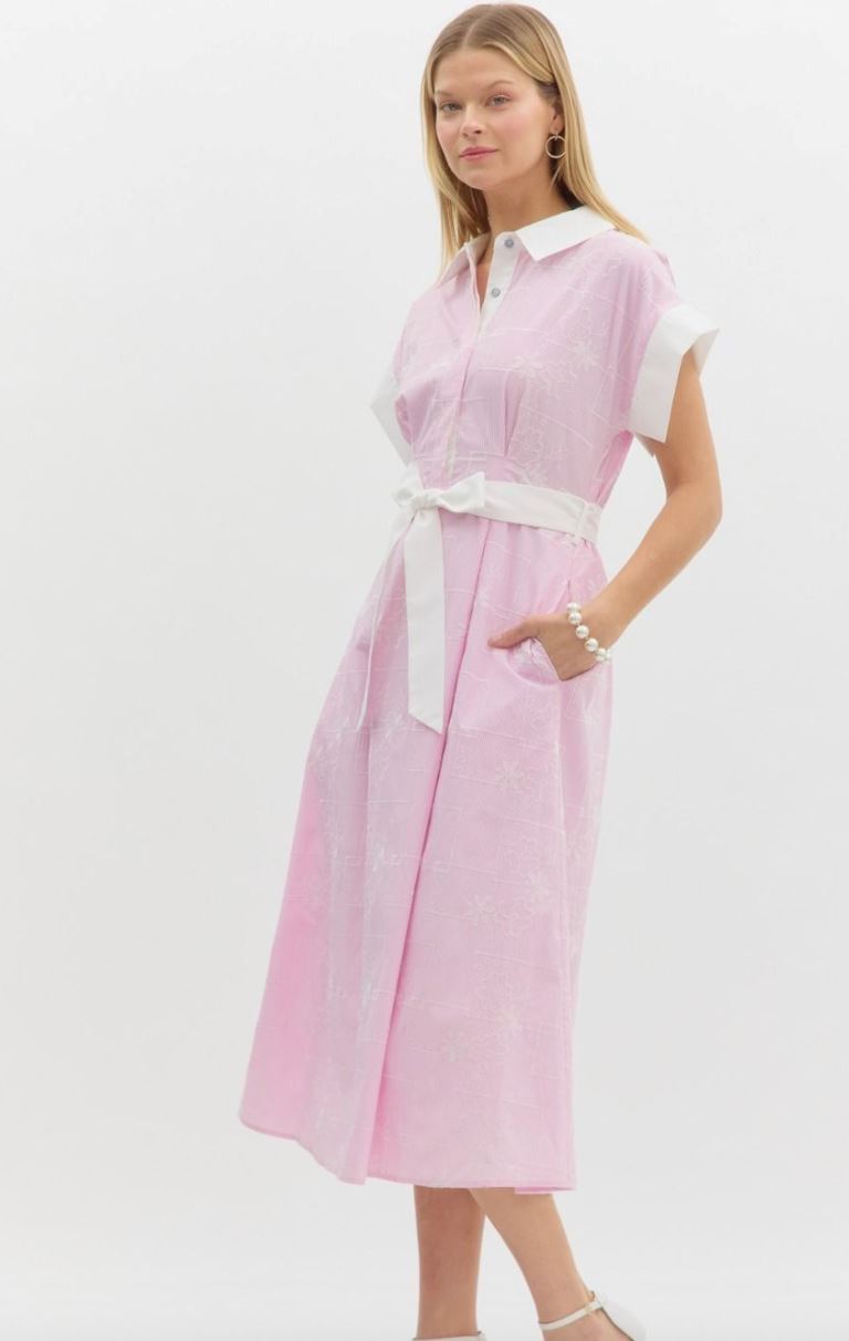 Floral Embroidered Stripe Button Down Dress entro 