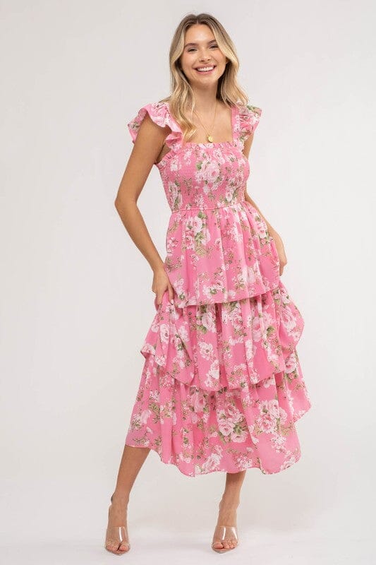 Floral Flutter Sleeve Midi with Tiered Skirt Mine & Em 