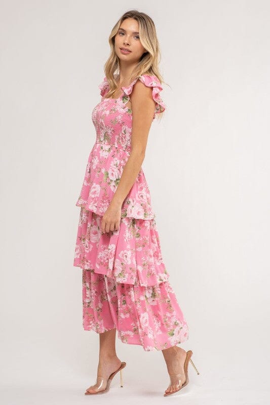 Floral Flutter Sleeve Midi with Tiered Skirt Mine & Em 