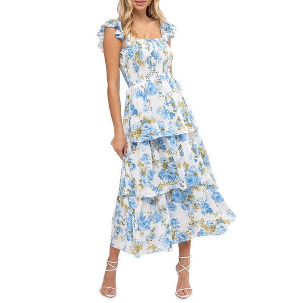 Floral Flutter Sleeve Midi with Tiered Skirt Mine & Em 