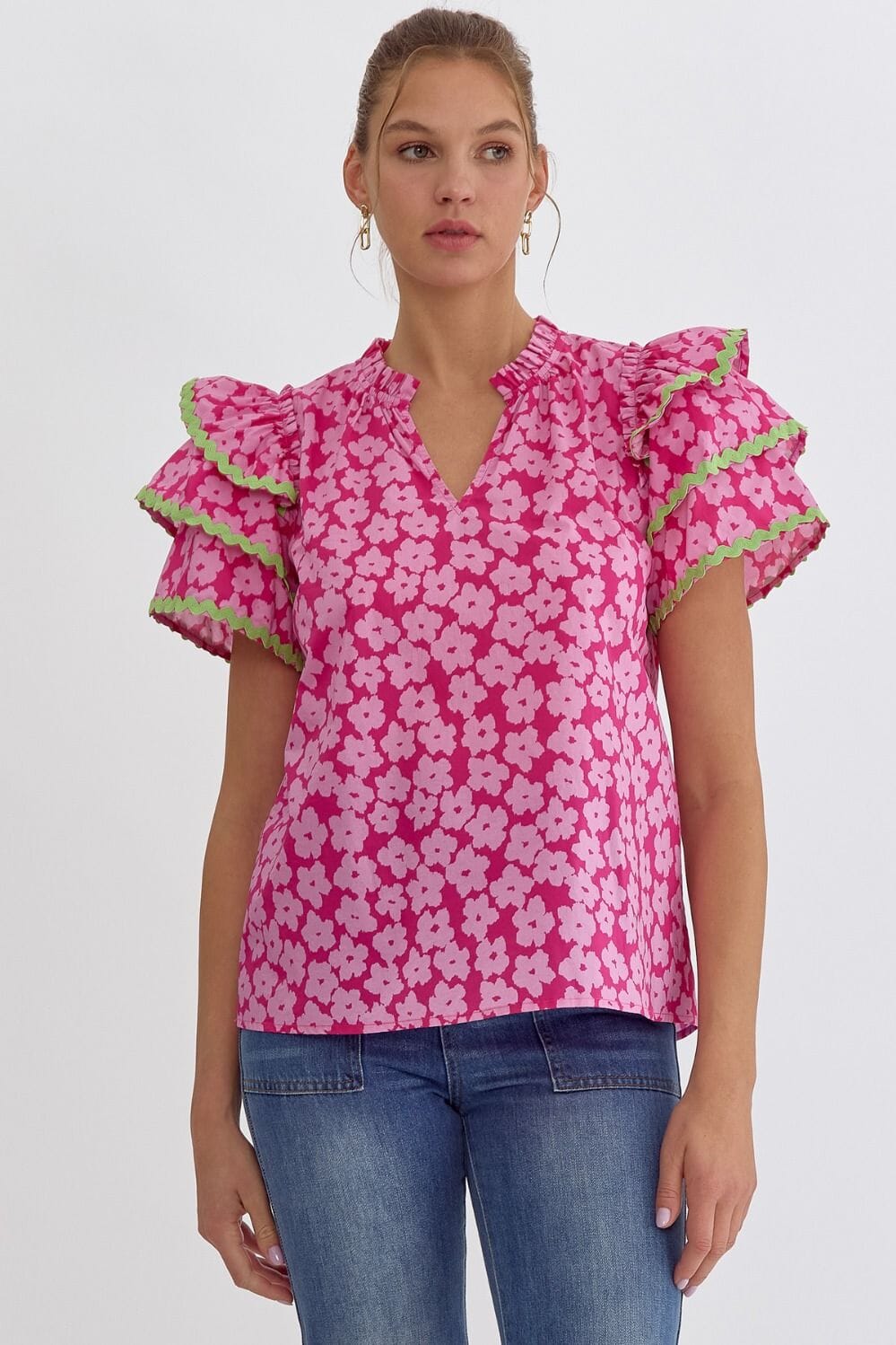 Pink Floral Flutter Sleeve Top with Contrasting Ric Rac entro 
