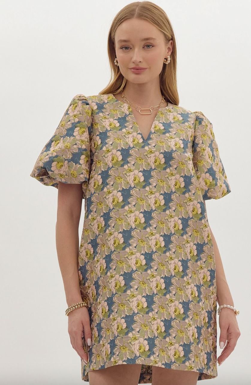 Floral Jacquard Puff Sleeve Dress entro 