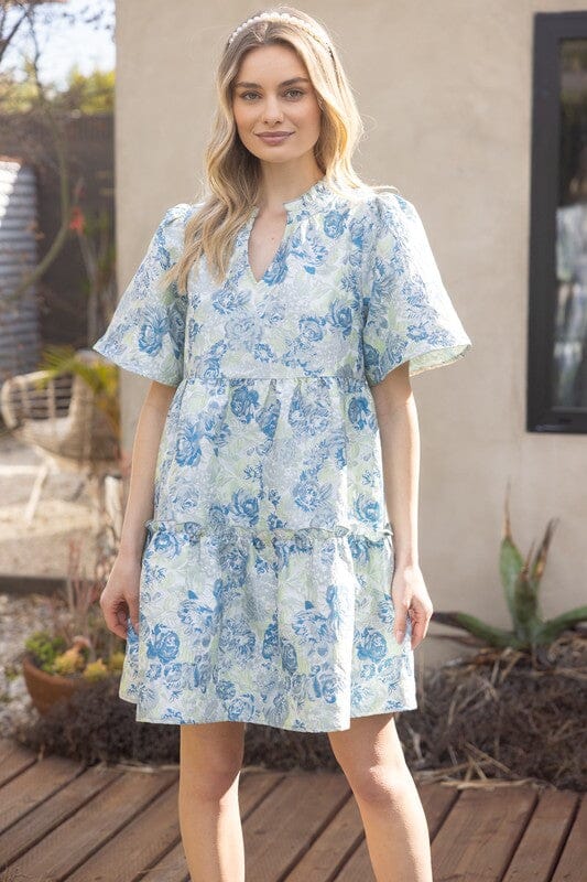 Floral Jacquard Texture Split Neck Dress Voy 