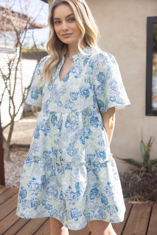 Floral Jacquard Texture Split Neck Dress Voy 