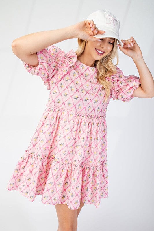 Floral Lattice Puff Sleeve Dress Gigio 