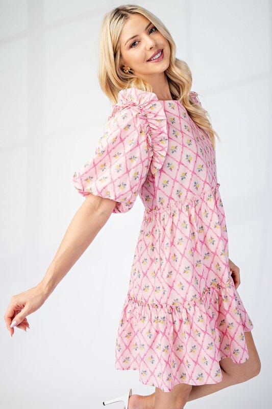 Floral Lattice Puff Sleeve Dress Gigio small Pink 