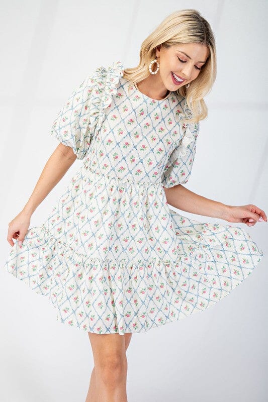 Floral Lattice Puff Sleeve Dress Gigio small White 