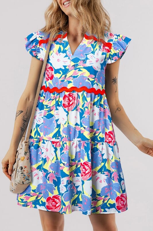 Floral Notched Dress with Ric Rac Kentce 