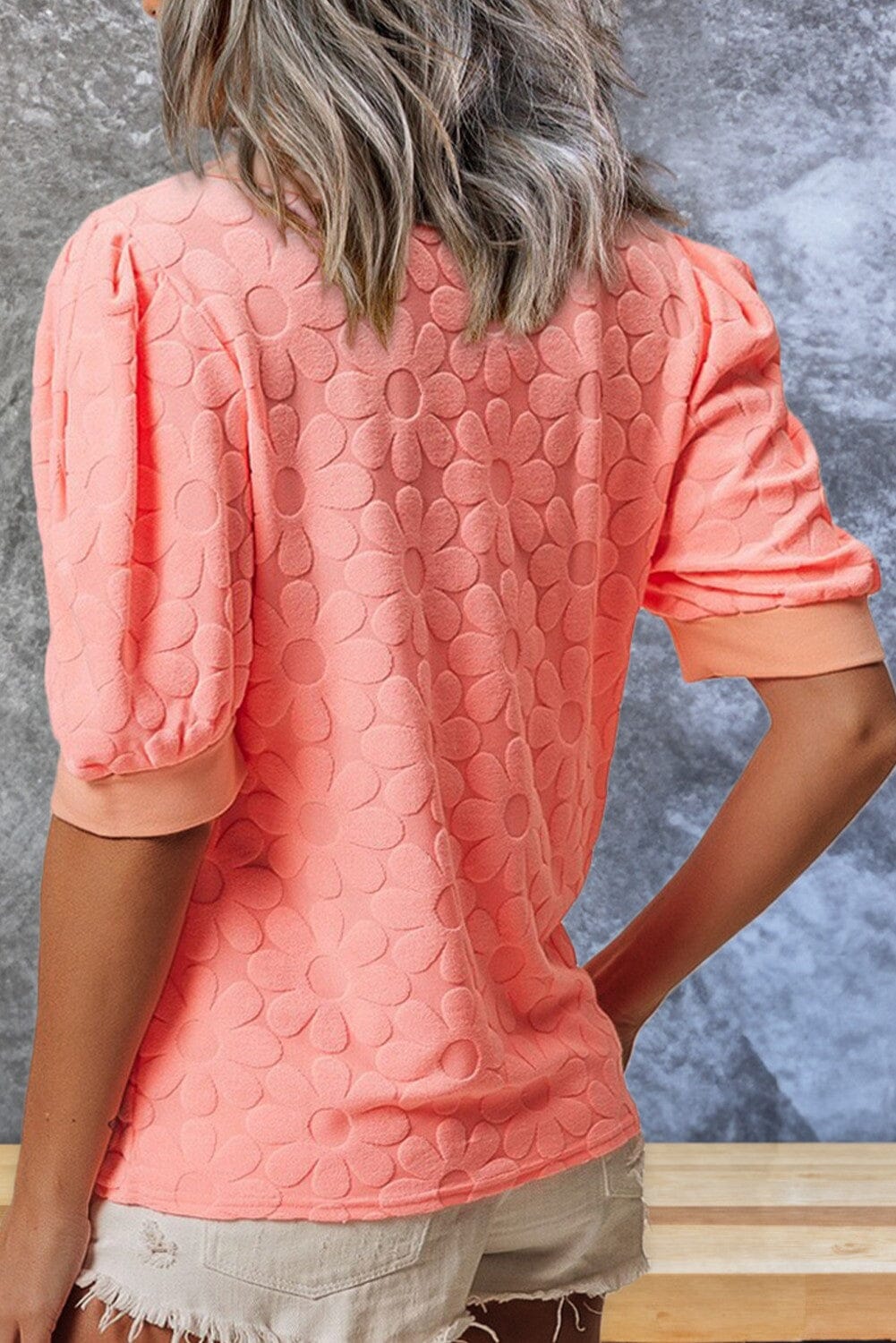 Floral Peach Textured Short Sleeve Top Shewin 