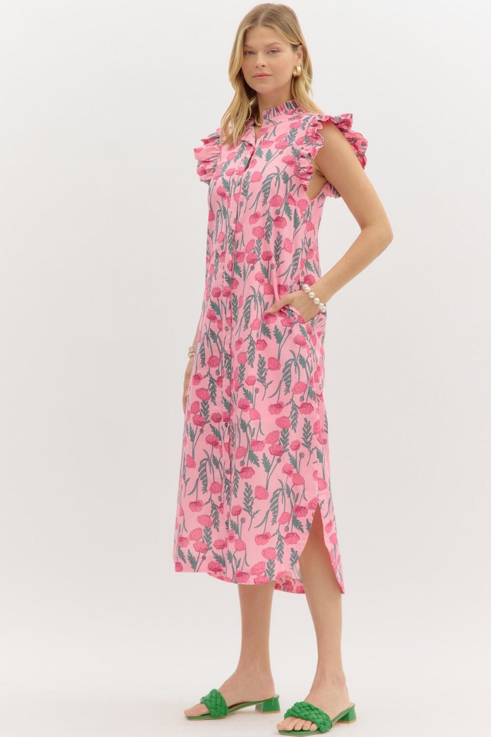 Floral Poplin Quarter Button Midi Entro 