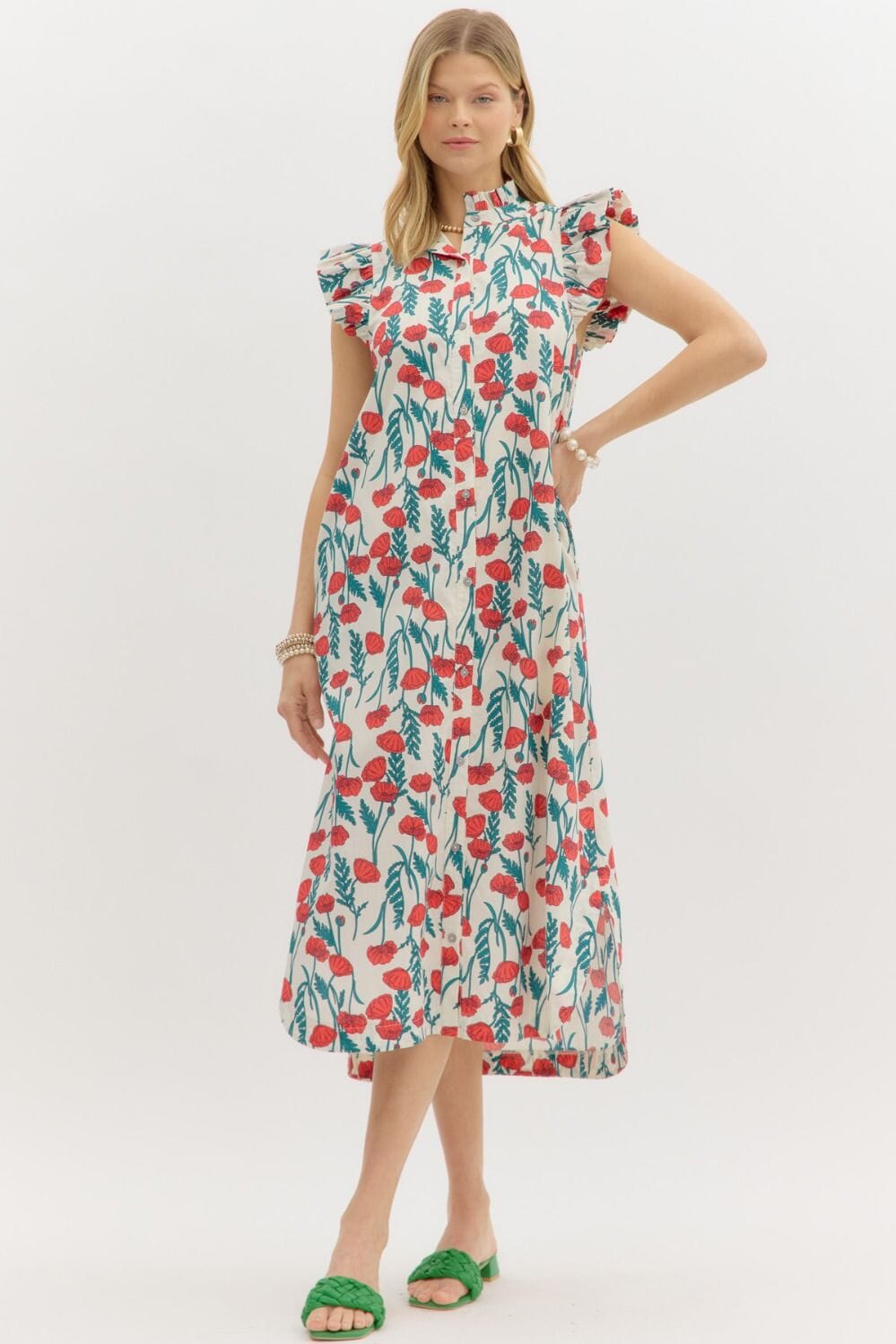 Floral Poplin Quarter Button Midi Entro small Cream 