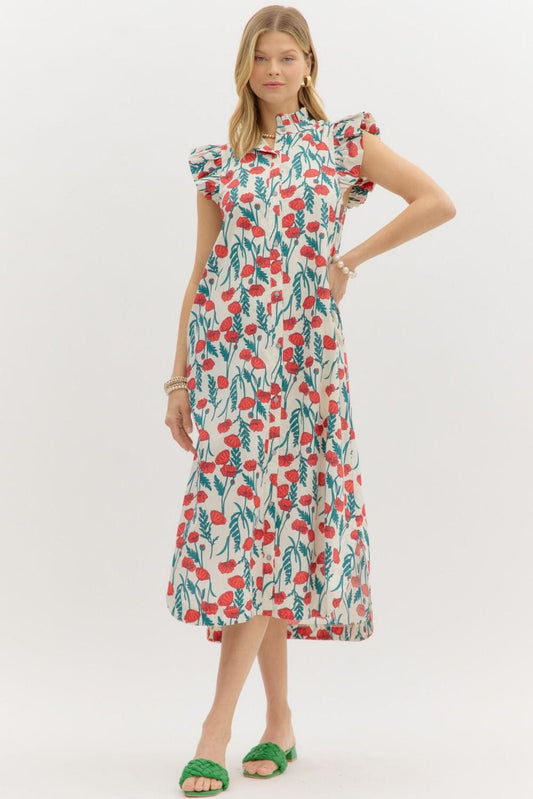 Floral Poplin Quarter Button Midi Entro small Cream 