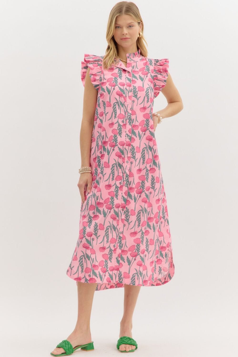 Floral Poplin Quarter Button Midi Entro small Pink 