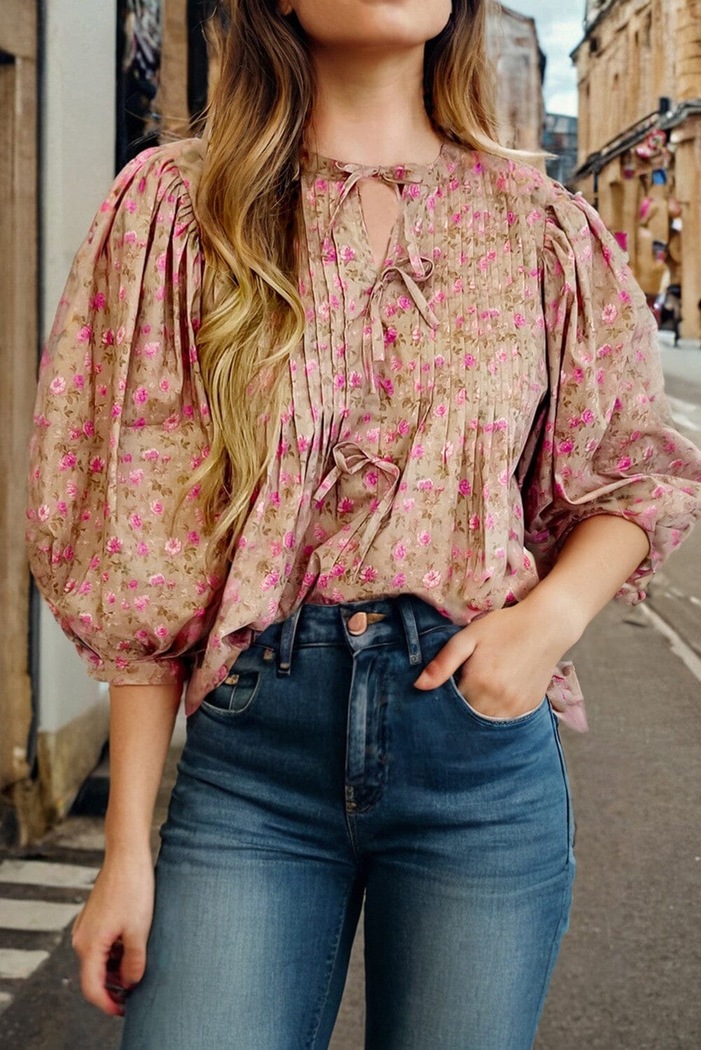 Floral Print Bow Knot Half Sleeve Top Kentce 