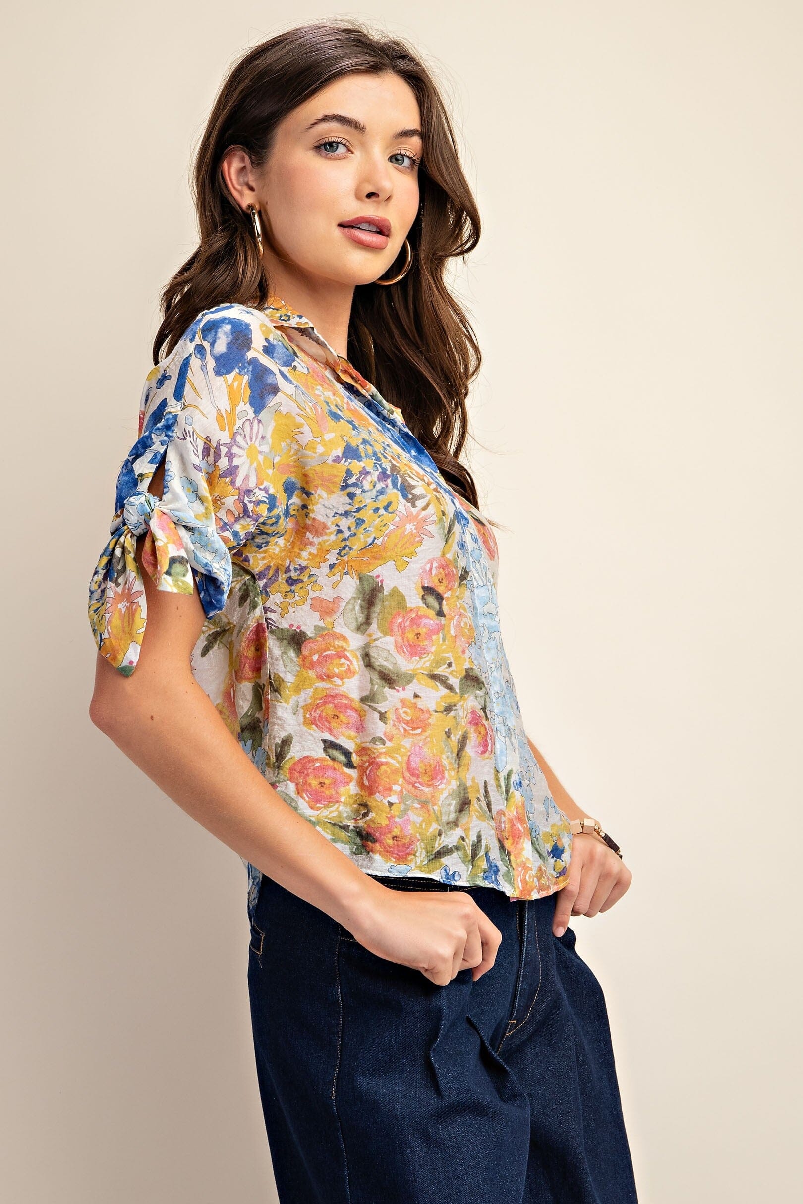 Floral Print Button Down Blouse w/ Ties Gigio 