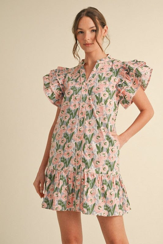 Floral Print Button-up Ruffly Dress jodifil 