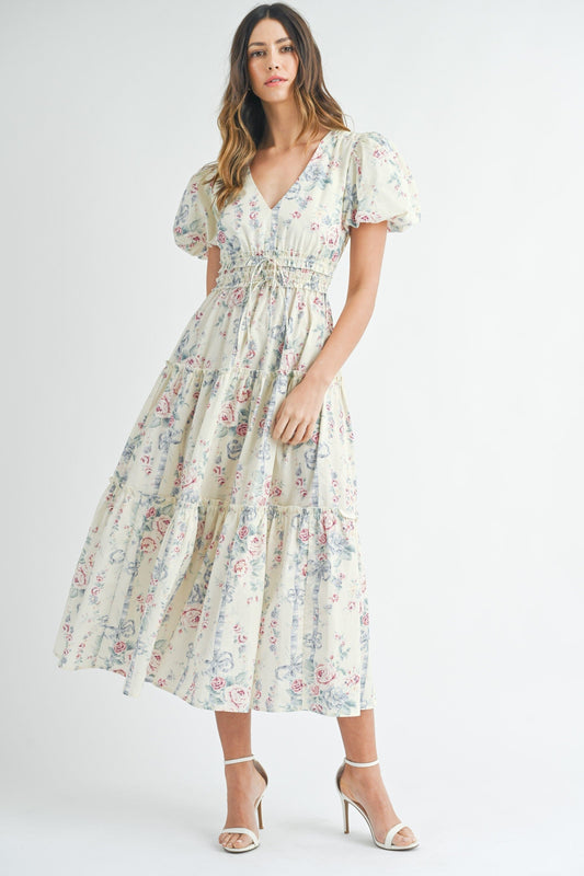 FLORAL PRINT PUFF SLEEVE MIDI DRESS Mable 