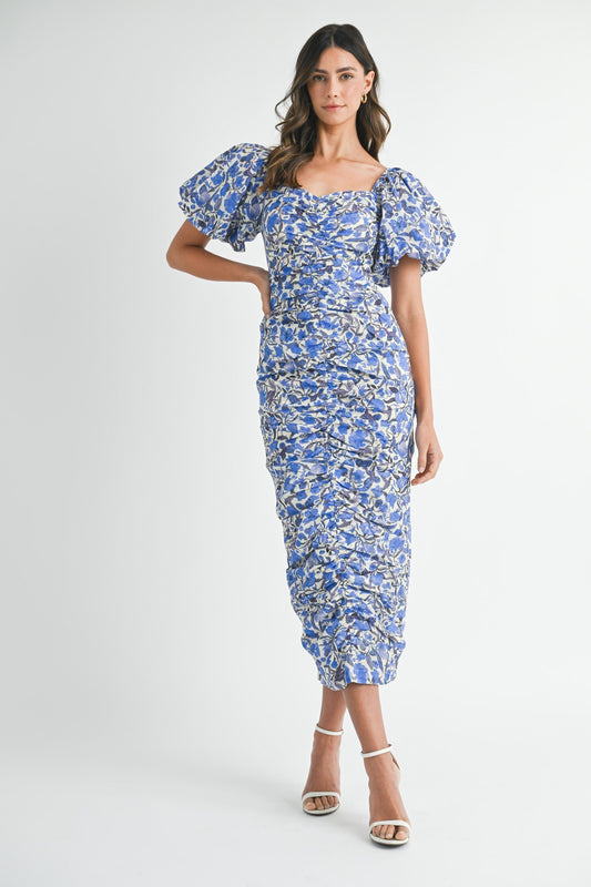 FLORAL PRINT PUFF SLEEVE RUCHED MIDI DRESS mable 
