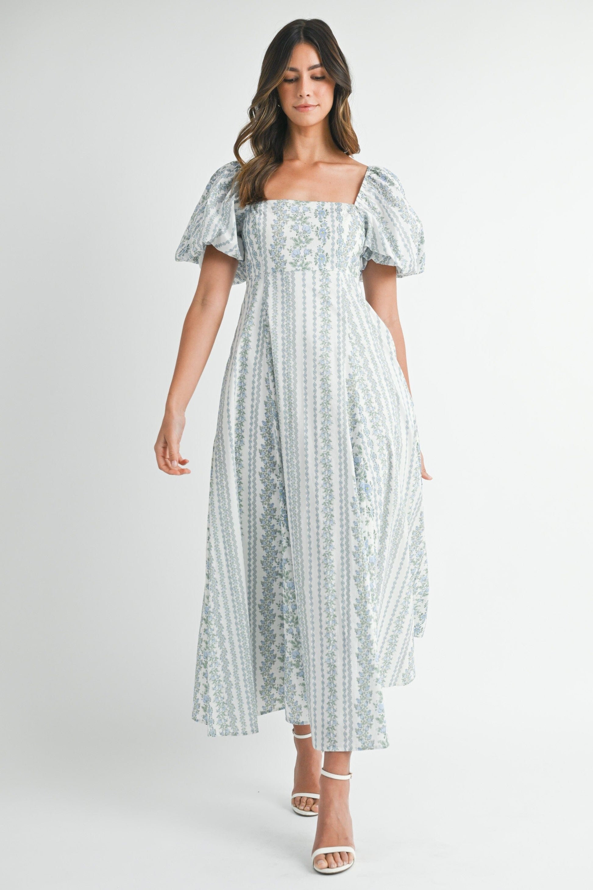 FLORAL PRINT PUFF SLEEVE SQUARE NECK MIDI DRESS mable 