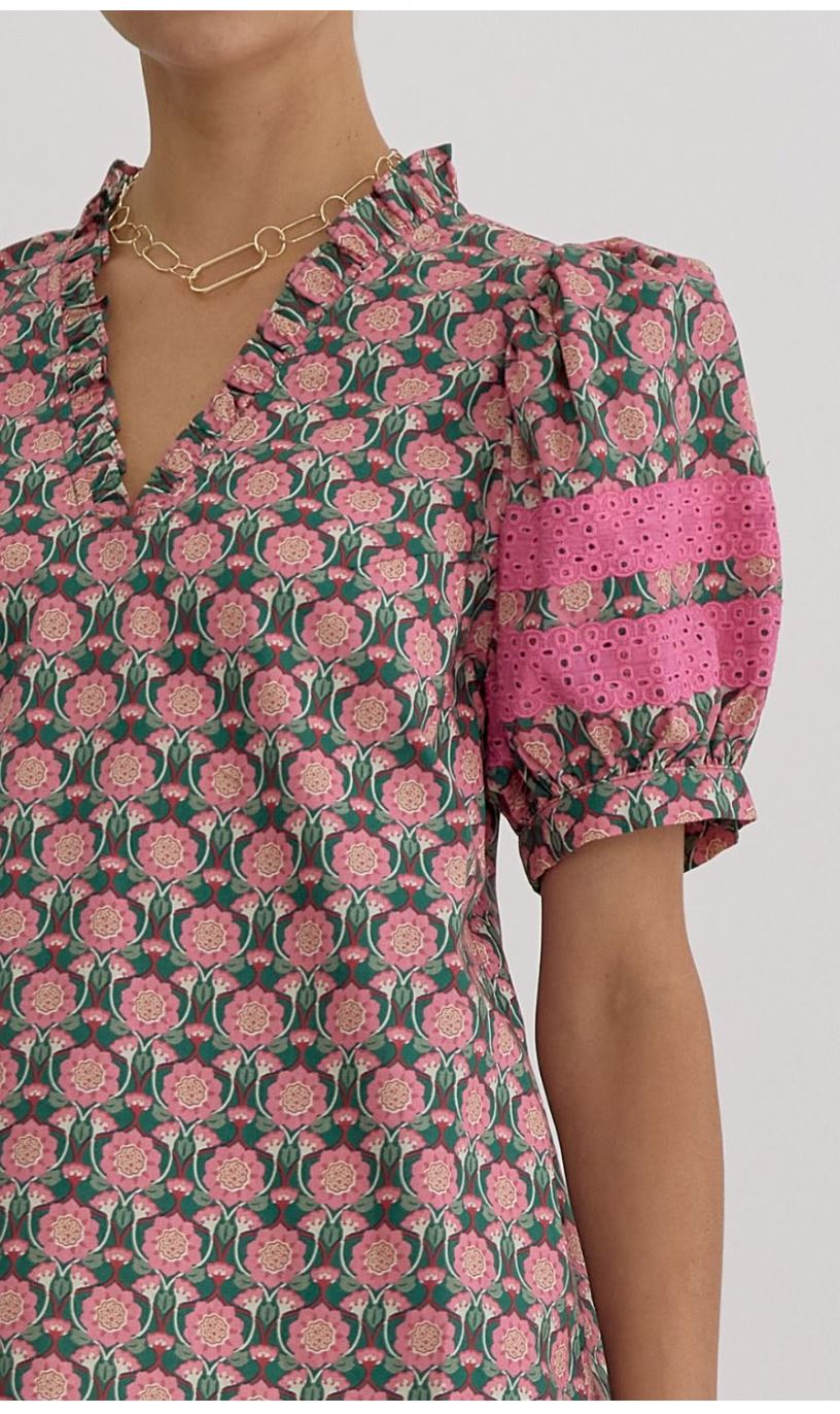 Floral Print Puff Sleeve Top w/ eyelet sleeves Entro 