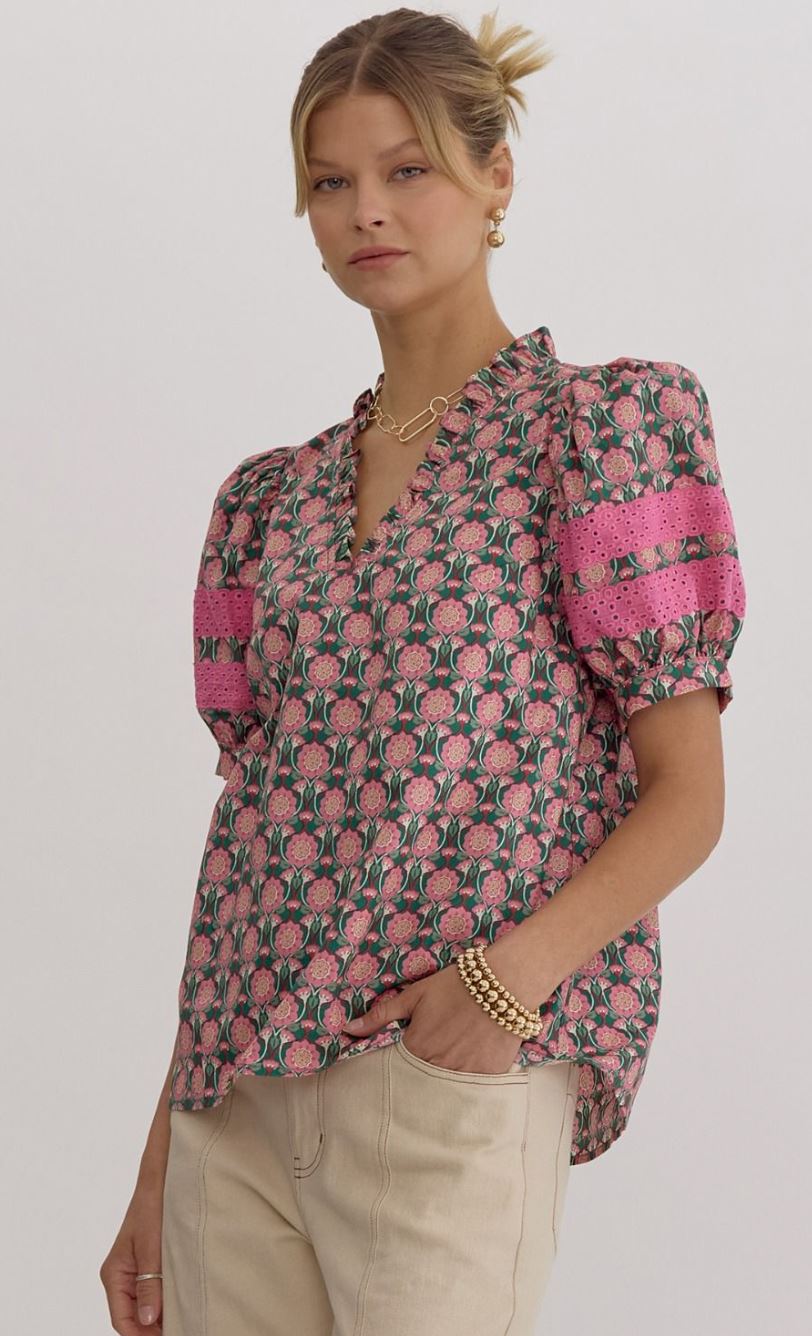 Floral Print Puff Sleeve Top w/ eyelet sleeves Entro 