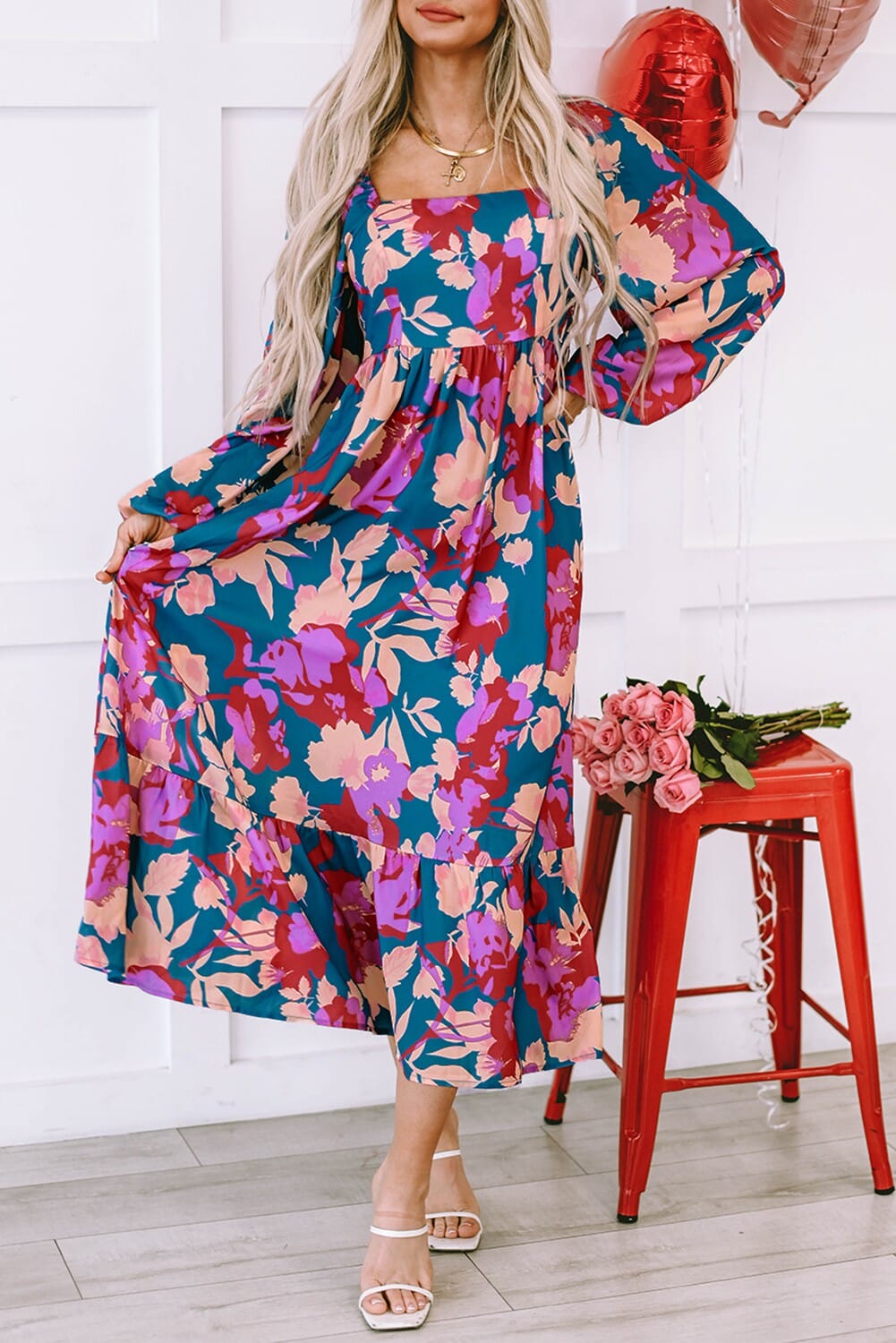 Floral Print Square Neck Ruffled Dress Shewin 