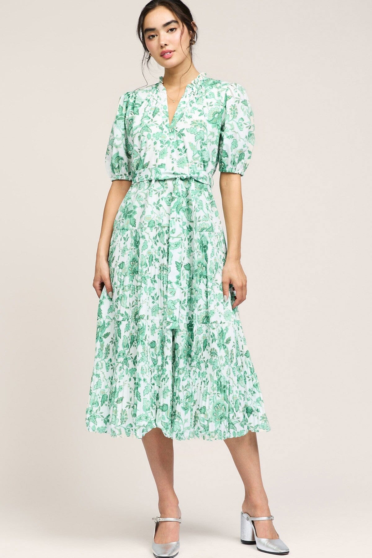 FLORAL PRINTED PLEATED TIERED MIDI DRESS current air 