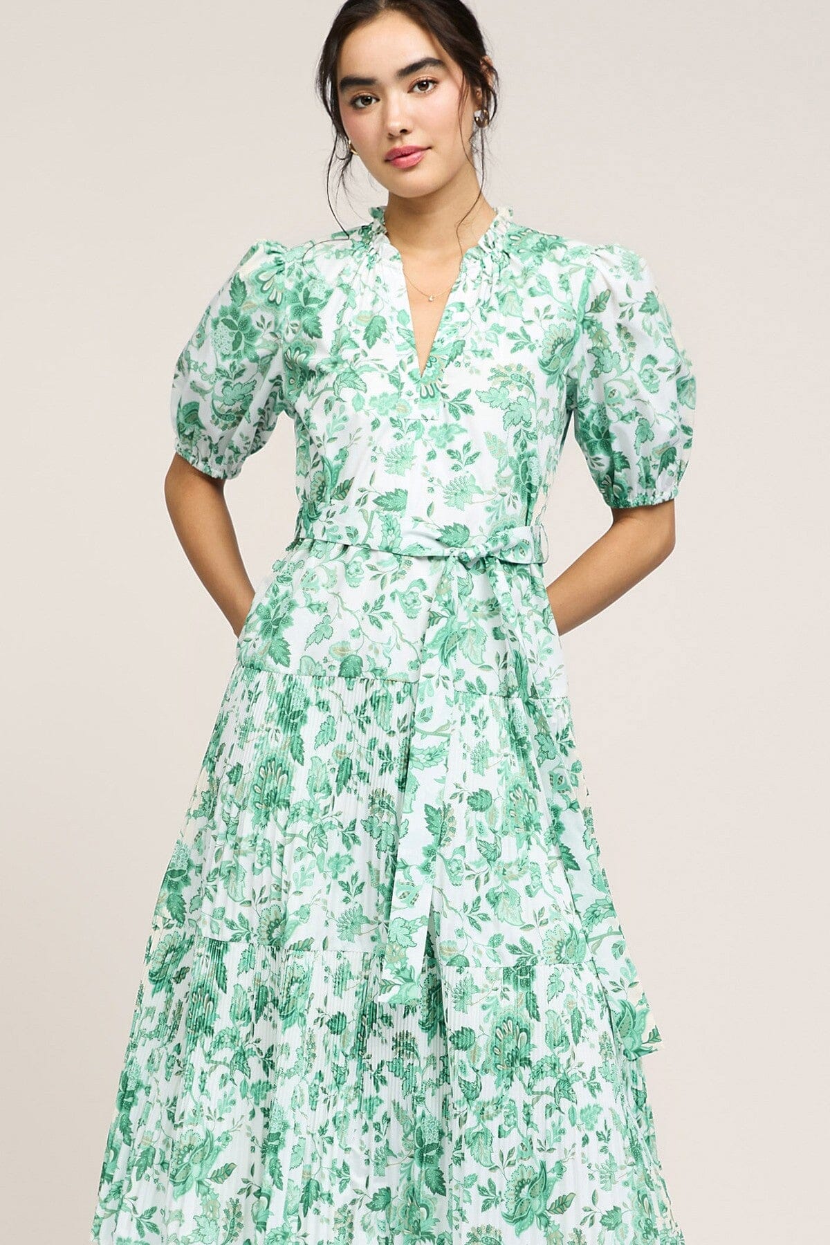 FLORAL PRINTED PLEATED TIERED MIDI DRESS current air 