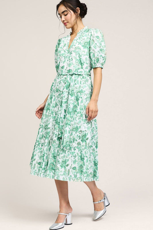 FLORAL PRINTED PLEATED TIERED MIDI DRESS current air 