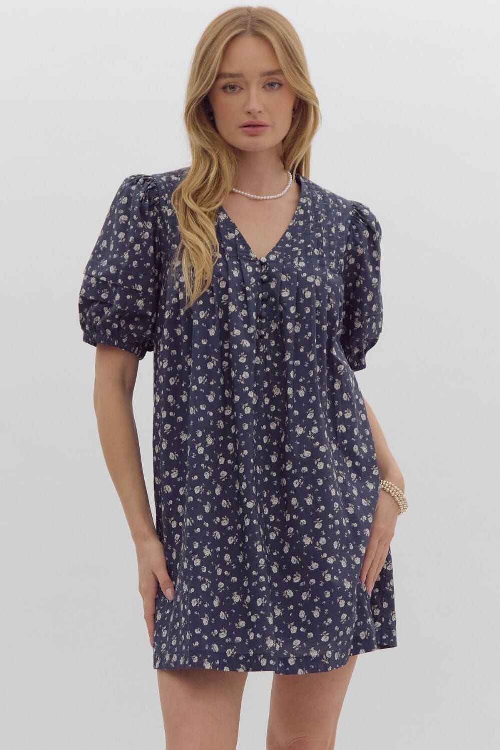 Floral Puff Sleeve Dress with Button Detail Entro 