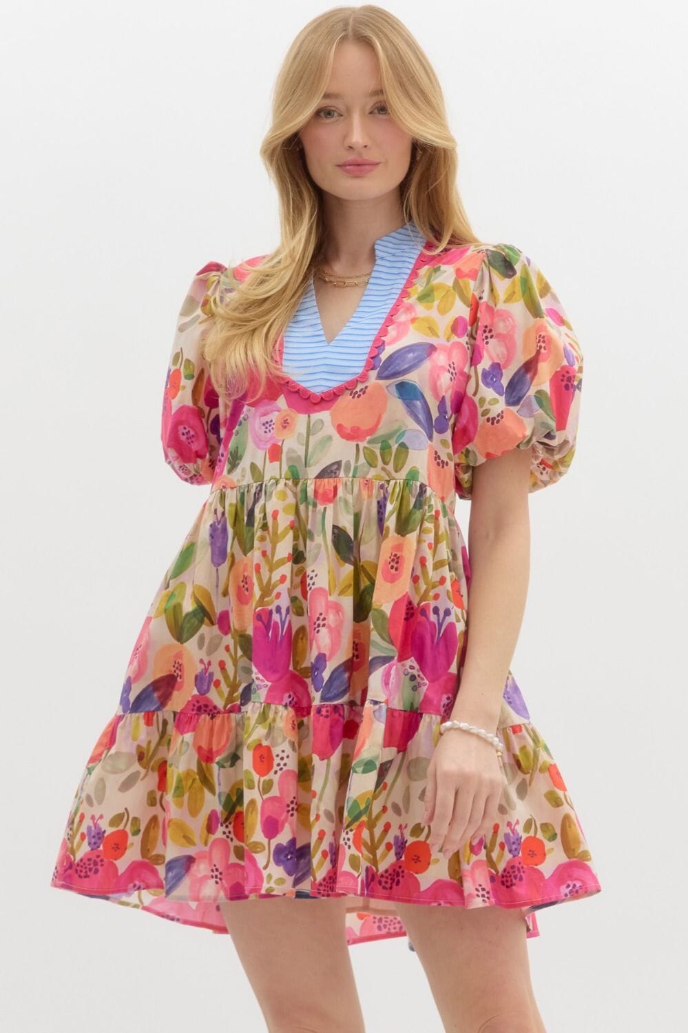 Floral Puff Sleeve Dress with Contrasting Stripe Yoke Entro 