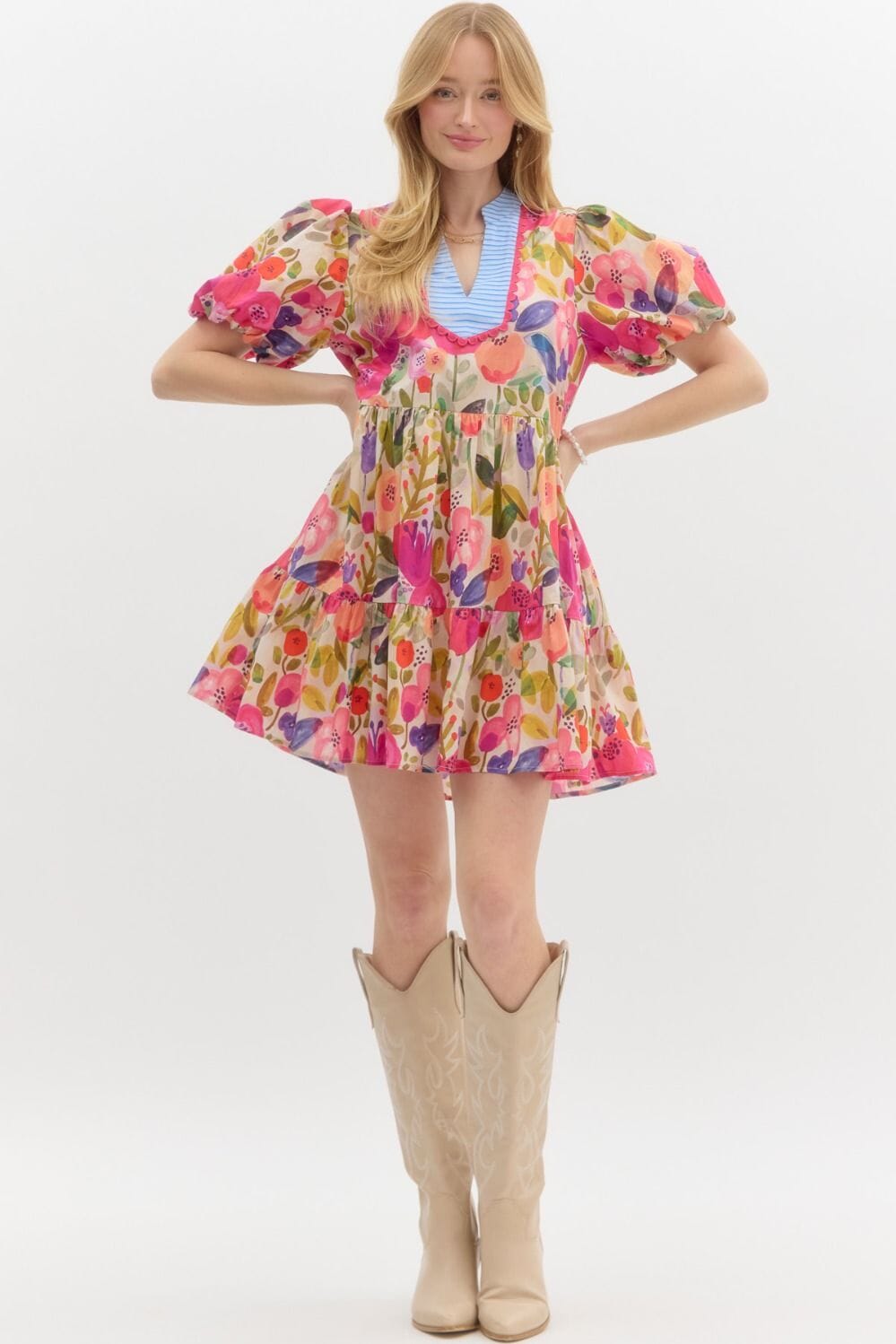 Floral Puff Sleeve Dress with Contrasting Stripe Yoke Entro 