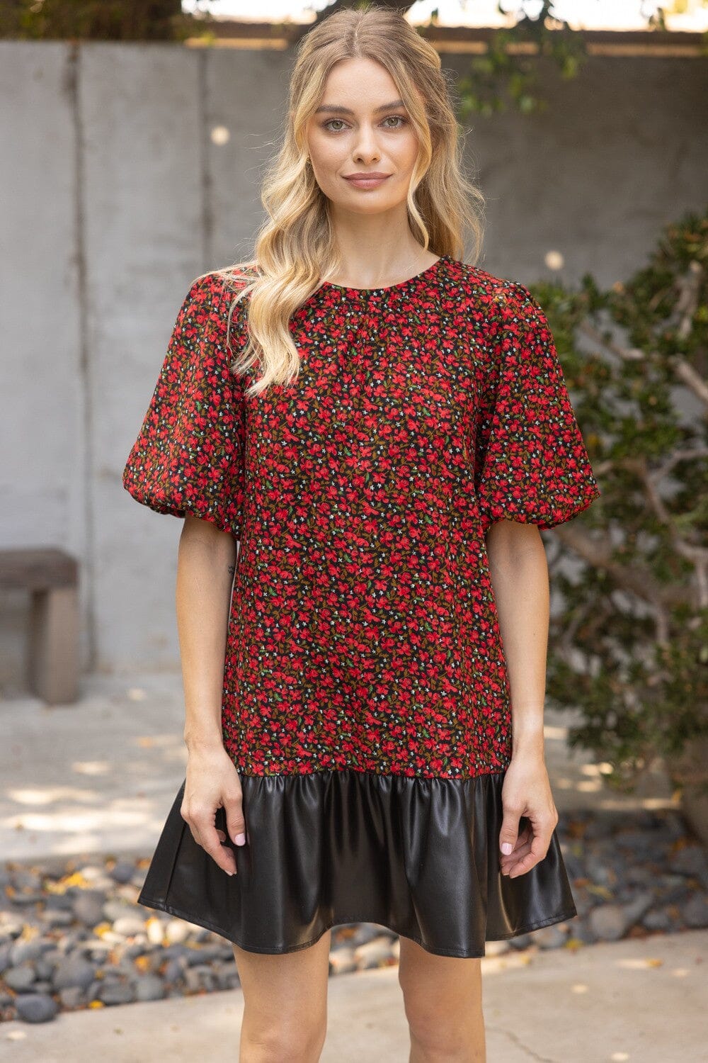 Floral Puff Sleeve Faux Leather Hem Dress voy 