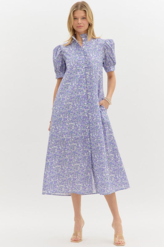 Floral Ruffle Neck A-Line Midi Entro 